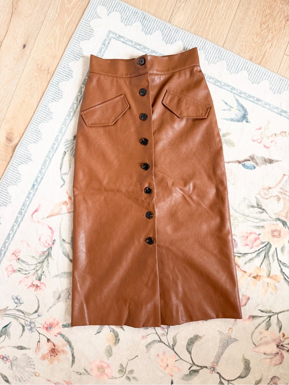 H&M Faux Leather Midi Skirt Camel Brown Button Front Sz 2